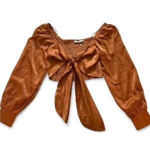 Lush Boho Gold Tie Front Balloon Sleeve Cropped Blouse Size S